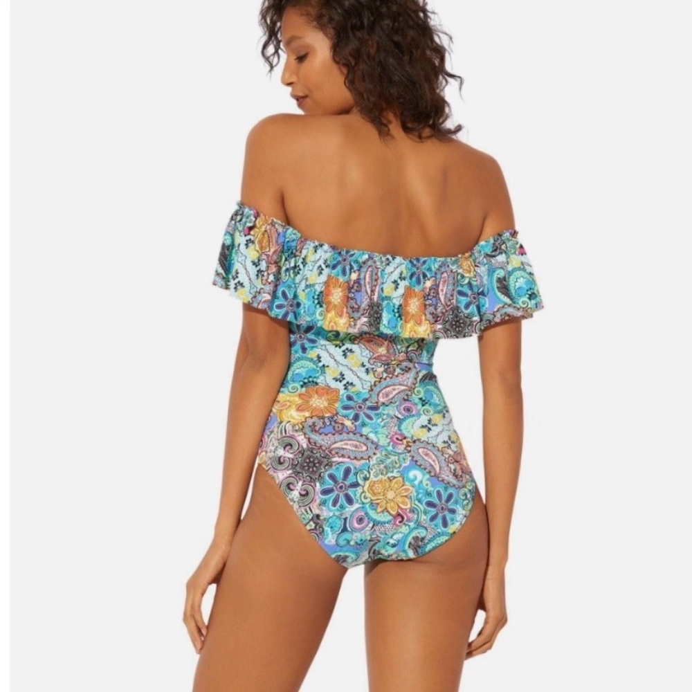 Bleu Rod Beattie Let Loose Turquoise Multi Paisley Ruffle One-Piece SZ 12 - Picture 5 of 12